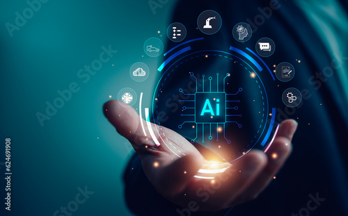 Ai technology, Artificial Intelligence. Man using technology smart robot AI, artificial intelligence by enter command prompt for generates something, Futuristic technology transformation. Program Ai