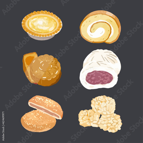 Set of Chinese Pastries. Hand drawn watercolor vector illustration. Egg custard tart, swiss roll, wife cake, mooncake, buns, sachima