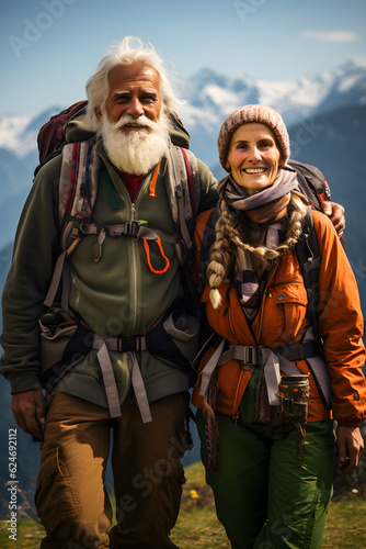 Happy elderly couple hiking in mountains with backpacks, active seniors tourists traveling and enjoying nature and healthy lifestyle, walking tourism, generated ai