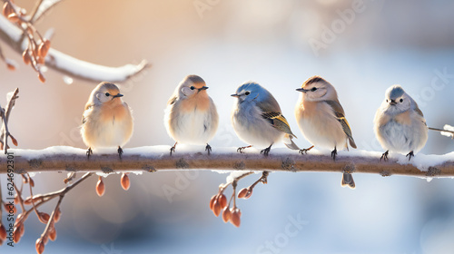 Photo birds on a snowy branch, winter, redbreast