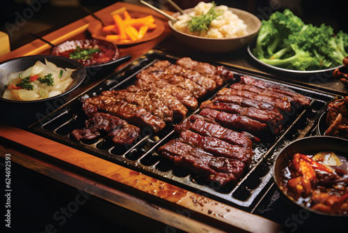 set of various raw meat grill on stove in korean barbecue style.GenerativeAI.