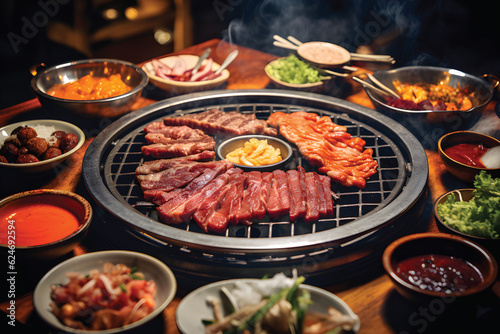 set of various raw meat grill on stove in korean barbecue style.GenerativeAI.