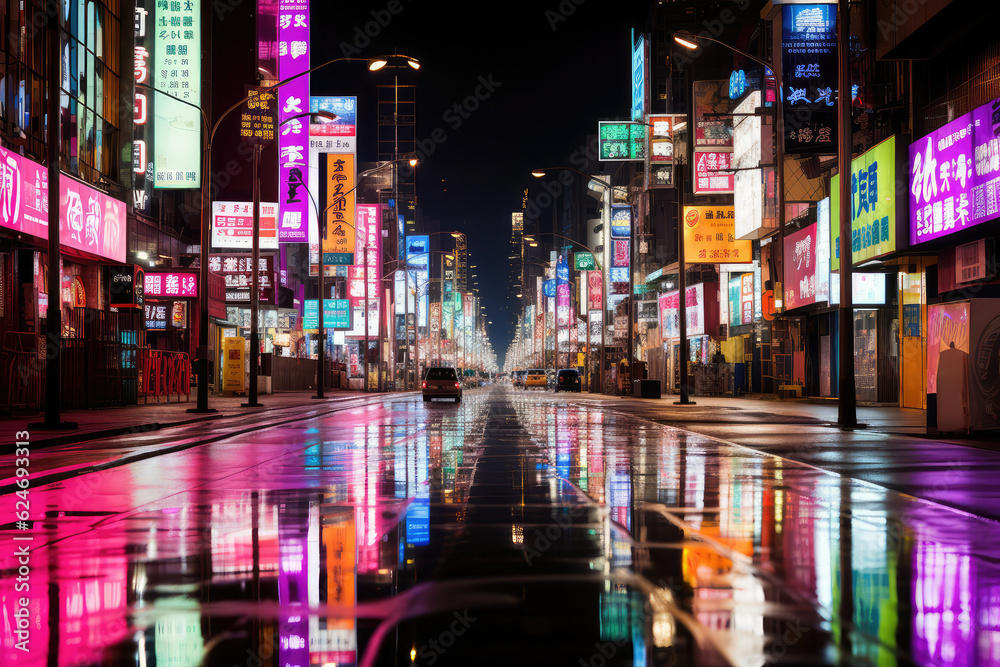 A captivating depiction of a city's rain-drenched streets at night, filled with bustling crowds, glowing neon signs, and the rhythmic sound of footsteps, capturing the dynamic and lively atmosphere of