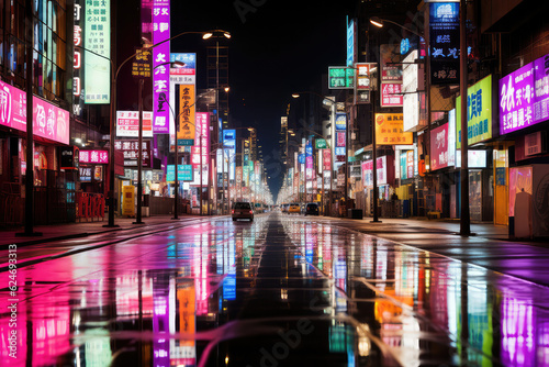 A captivating depiction of a city's rain-drenched streets at night, filled with bustling crowds, glowing neon signs, and the rhythmic sound of footsteps, capturing the dynamic and lively atmosphere of