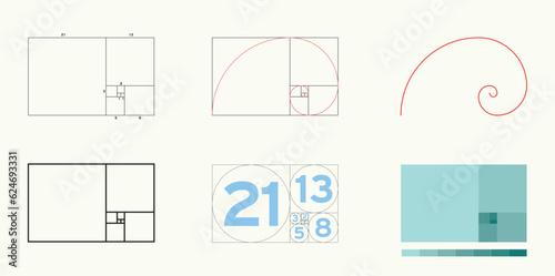 Fibonacci sequence. Golden ratio, Fibonacci spiral, traditional proportions vector icon.