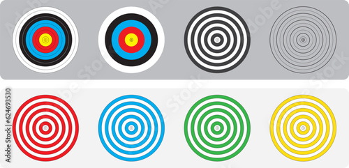 Amusement park target board. Archery target board. Bullseye dartboard isolated on white background. 