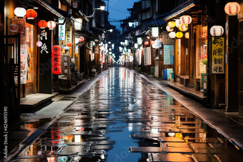 An oasis of tranquility amidst a city's rainy night, with softly lit streets, neon signs, and serene reflections, providing a peaceful sanctuary amid the hustle and bustle of urban life