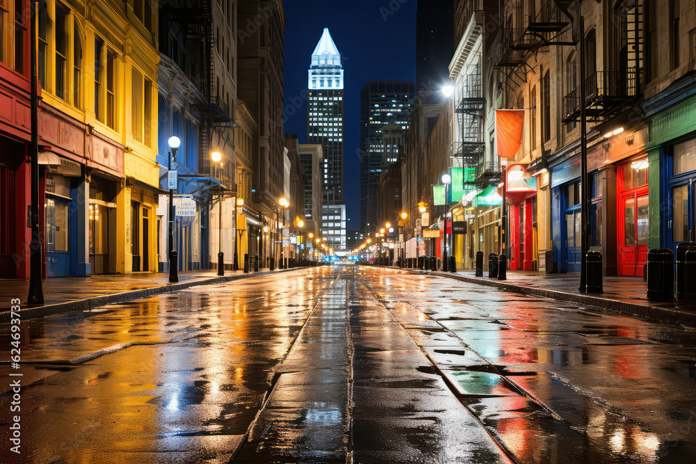 A captivating depiction of a city's rain-soaked streets at night, with neon lights guiding the way, inviting viewers to embark on an exploration of hidden alleys, vibrant street art, and the city's hi