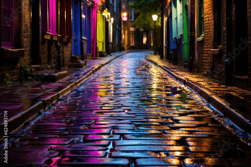 A captivating depiction of a city's rain-soaked streets at night, with neon lights guiding the way, inviting viewers to embark on an exploration of hidden alleys, vibrant street art, and the city's hi