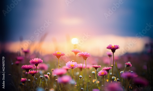 beautiful colorful meadow of wild flowers floral background, landscape with purple pink flowers with sunset and blurred background. Soft pastel Magical nature copy space © annebel146