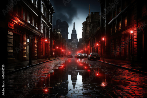 A dreamscape-like representation of a city during a rainy night, with surreal colors, distorted reflections, and a hint of mystery, immersing viewers in an otherworldly urban experience