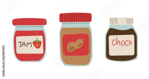 Jam, Peanut Butter and Chocolate 1 cute on a white background, vector illustration.