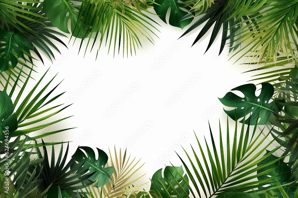 a frame of palm branches with green leaves. Generative AI.