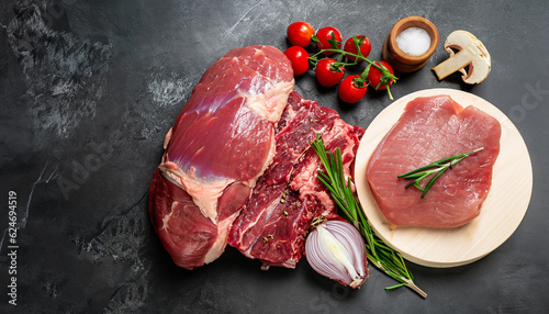 fresh meat with ingredients for cooking on dark background, top view