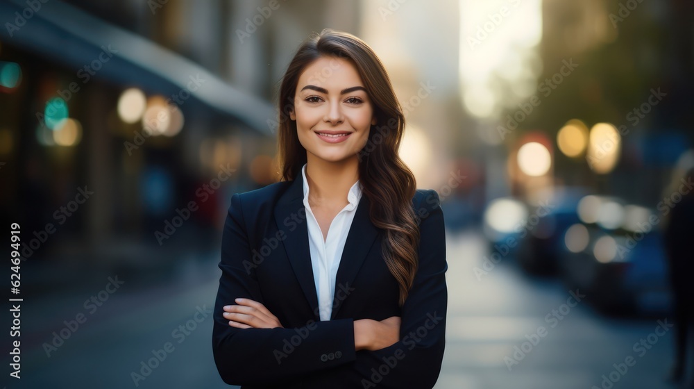 Young confident smiling business woman standing on busy street, portrait. Proud successful female entrepreneur wearing suit posing with arms crossed look at camera in big city outdoors. Generative Ai Young confident smiling business woman standing on busy street, portrait. Proud successful female entrepreneur wearing suit posing with arms crossed look at camera in big city outdoors. Generative Ai