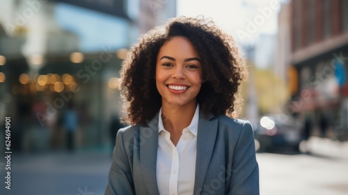 Young confident smiling business woman standing on busy street, portrait. Proud successful female entrepreneur wearing suit posing with arms crossed look at camera in big city outdoors. Generative Ai