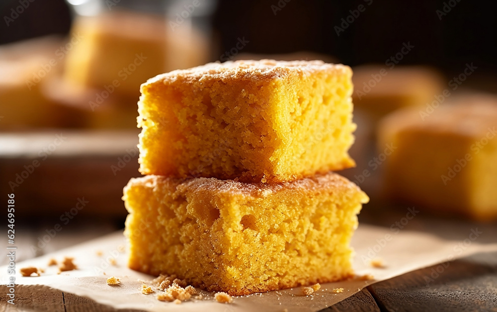 Cut up square cornbread slices with a blurred background. Cornbread is bread made with cornmeal, often served with honey or butter. Cut up square cornbread slices with a blurred background. Cornbread is bread made with cornmeal, often served with honey or butter.