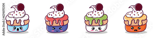 Set of cute pastry characters in trendy Kawaii style.Happy baked foods with doodle stars and hearts. Banner  card  poster design for bakery and cafe