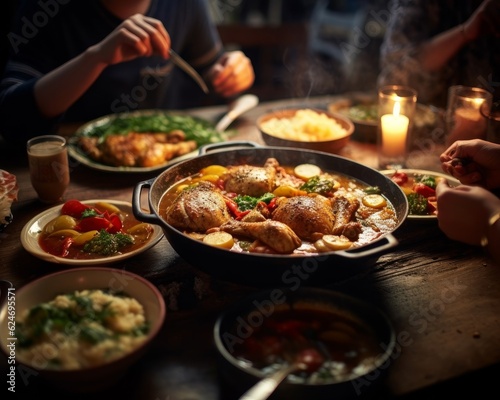 Poulet Basquaise shared family-style with friends gathered around a rustic table