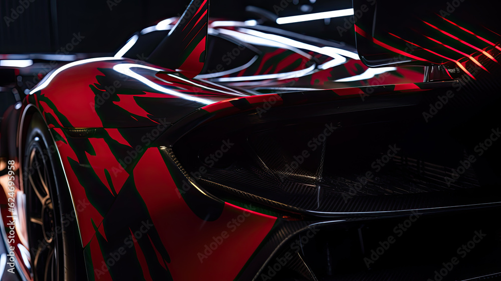 Aerodynamic red exotic supercar detail of gloss carbon part with beautiful shapes.