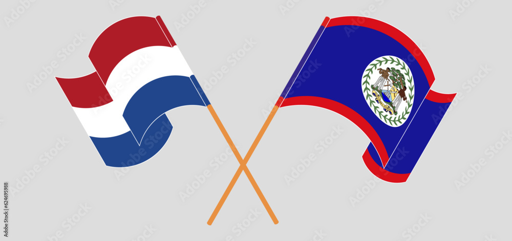 Crossed and waving flags of the Netherlands and Belize Crossed and waving flags of the Netherlands and Belize