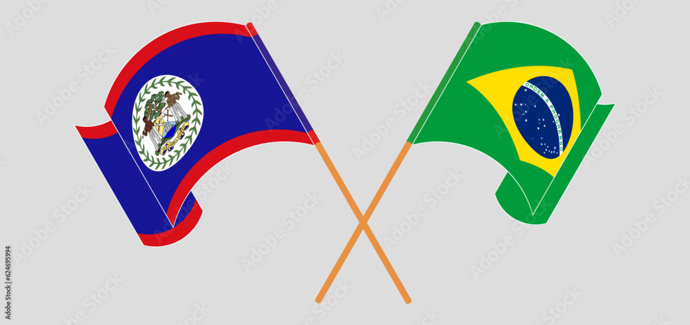 Crossed and waving flags of Belize and Brazil Crossed and waving flags of Belize and Brazil