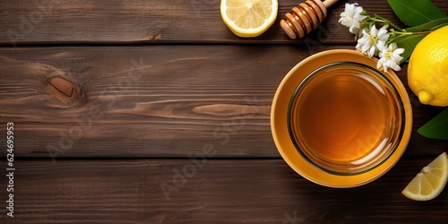 Natural wellness. Closeup of cup on wooden table with fresh lemon and organic honey