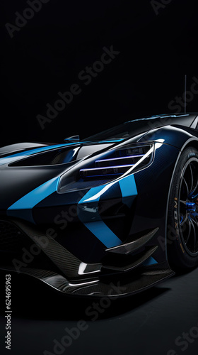 Aerodynamic blue exotic supercar detail of gloss carbon part with beautiful shapes. © PaulShlykov