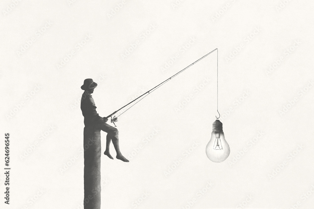 © fran_kie - illustration of man fishing new ideas, creativity surreal concept