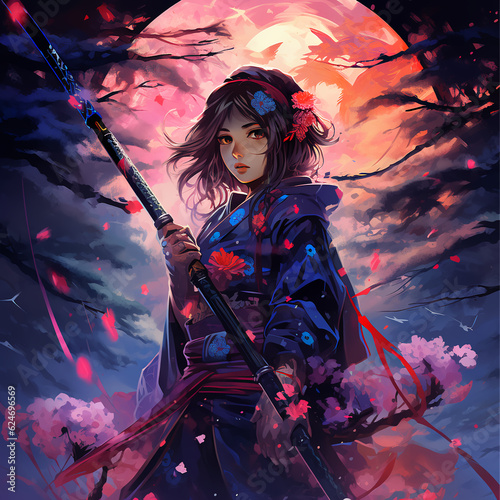 Painting of a girl in Japanese costume next to the sakura trees