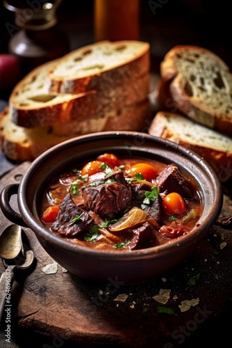 A deliciously plated Daube Provençale served with a side of crusty bread