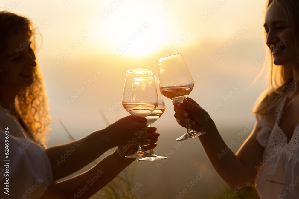Clinking with wine glasses in beautiful background sunset. Hands of group of friends.