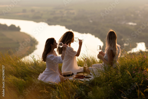 Summer picnic at sunset. Young women drinking the wine. Weekend picnic.