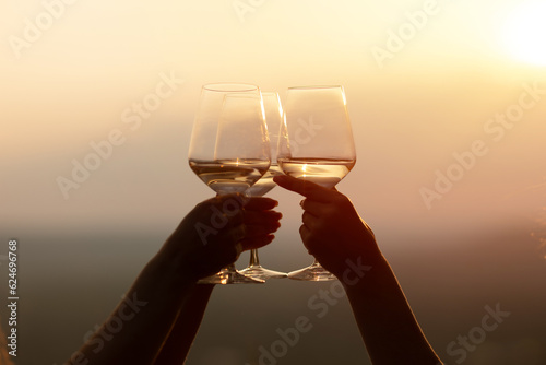 Obraz na płótnie Friends clinking glasses with wine and enjoying wine against a beautiful sunset. w salonie