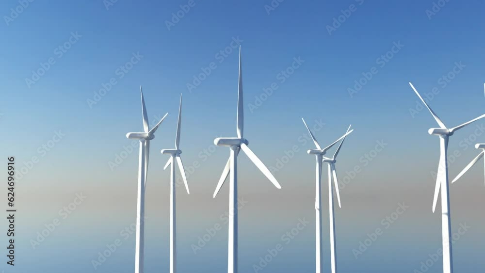 Wind turbine plant at sunrise, sustainable and resource saving energy production, efficient power generation in times of climate change, 3d animation Wind turbine plant at sunrise, sustainable and resource saving energy production, efficient power generation in times of climate change, 3d animation