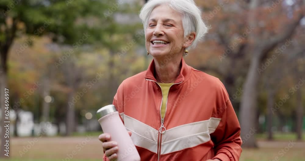 Fitness, senior woman and walking at park for healthy body, wellness or exercise with bottle. Smile, workout and elderly athlete outdoor, nature or garden for cardio, sport and travel for retirement