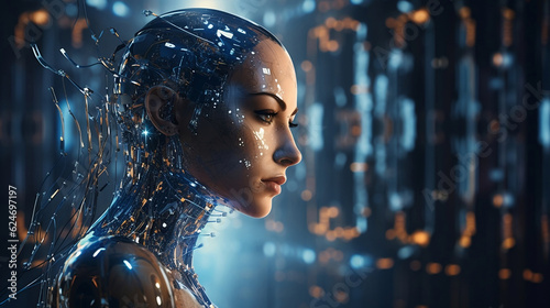 Female android face. Artificial intelligence concept. Futuristic robot head with technology neural system. AI