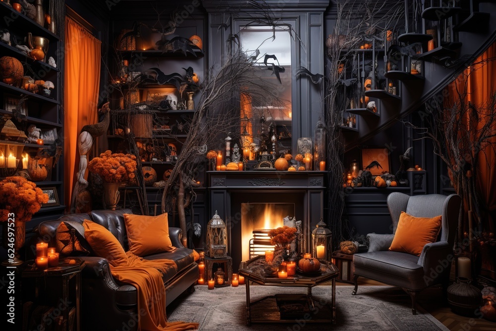 Orange toned living room interior with Halloween decorations. Background for Halloween