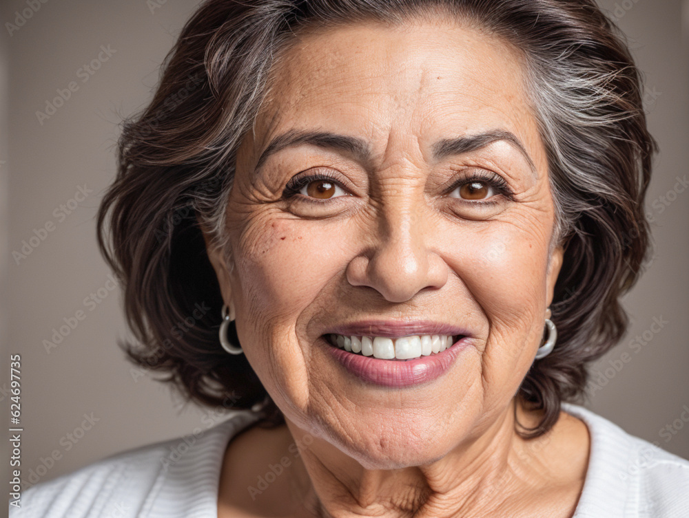 portrait of happy beautiful retired mexican woman with dental smile, looking at camera, headshot portrait.