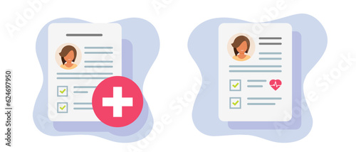 Medical file card with patient information vector icon illustration, pharmacy clinic hospital test results diagnosis report document, health care insurance graphic, healthcare info data image clipart