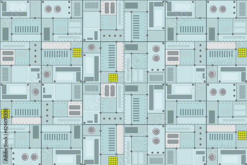 Seamless futuristic circuit panel texture with industrial and sci-fi design elements.
