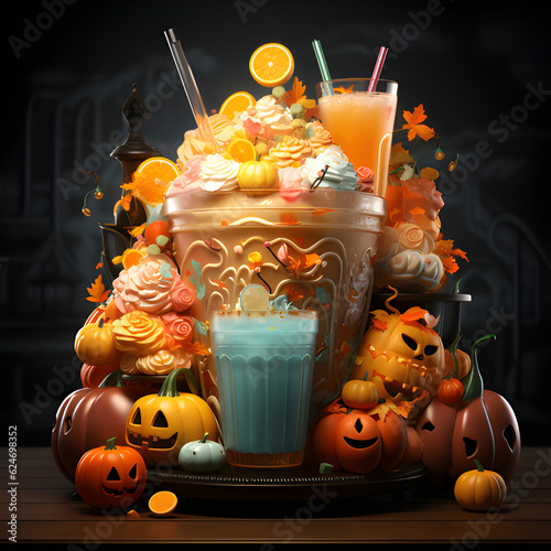 halloween symbol decorated in different types of drinks  illustations cartoon style  photo