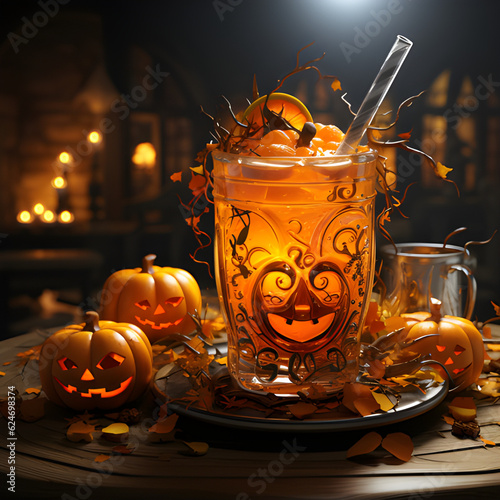 halloween symbol decorated in different types of drinks  illustations cartoon style  photo