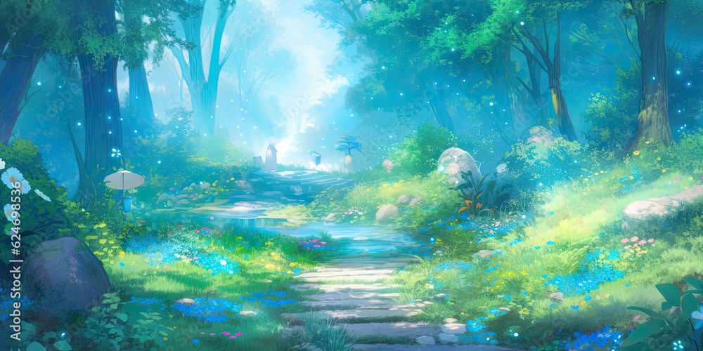 Beautiful anime forest background, generated ai