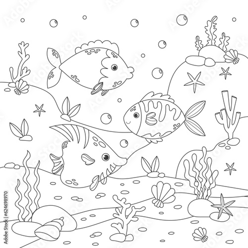 Childrens antistress coloring book with various fish, seabed and algae. Vector stock illustration. Outline illustration of underwater life and marine animals. Antistress coloring book.