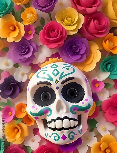 Blossoming Memories A Vibrant Tribute to Life and Remembrance with Flower Dreams and Sugar Skulls on the Day of the Dead, Generative AI