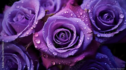 Purple Roses flowers with water drops background. Closeup of blossom with glistening droplets. Generative AI