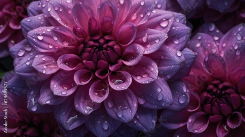Purple Dahlia flowers with water drops background. Closeup of delicate blossom with glistening droplets. Generative AI