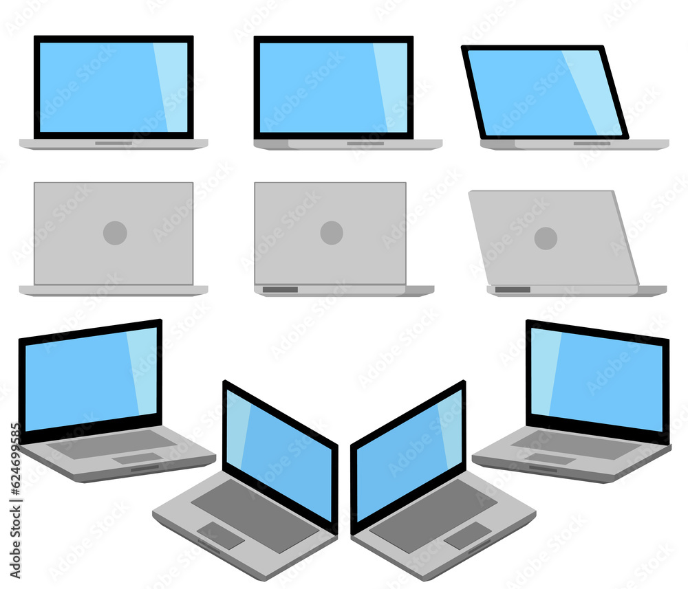 Minimal Laptop isolated on white background. Open laptop incline 90 degree with screen mockup. Perspective front and back computer view side. Flat design vector illustration. Minimal Laptop isolated on white background. Open laptop incline 90 degree with screen mockup. Perspective front and back computer view side. Flat design vector illustration.