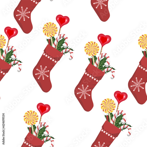 Seamless pattern Christmas sock with lollipops and holly on a white background.Vector pattern for Christmas designs,textiles,packaging,backgrounds.